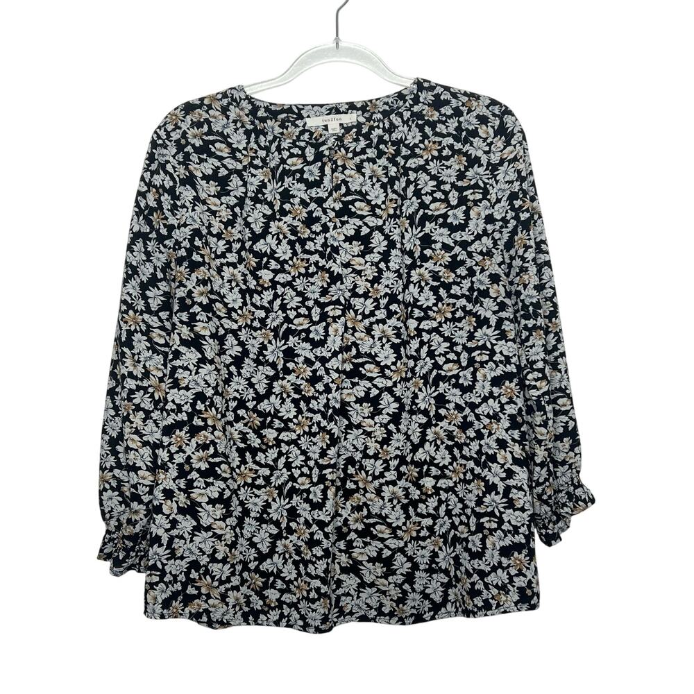 FUN2FUN Loose Fit Floral Blouse Long Sleeve Keyhole Front Black White Size Large